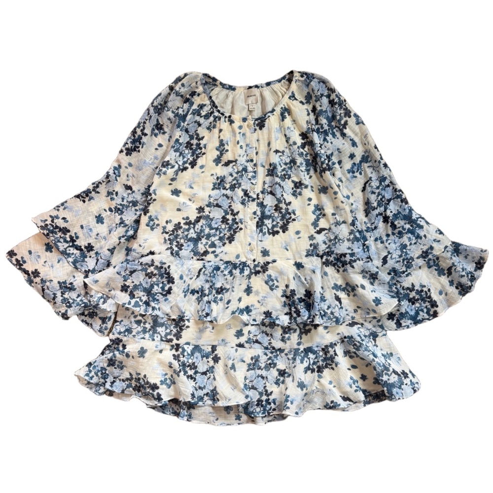 Anthropologie Maeve Long Sleeve Mini Swing Dress Blue Floral